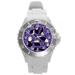 Playful Abstract Art - Purple Round Plastic Sport Watch (l) by Valentinaart