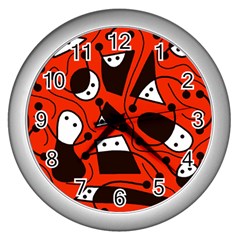 Playful abstract art - red Wall Clocks (Silver) 