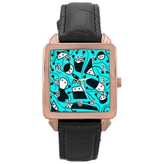 Playful Abstract Art - Cyan Rose Gold Leather Watch 