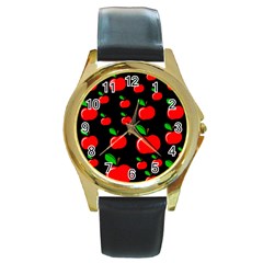 Red Apples  Round Gold Metal Watch by Valentinaart