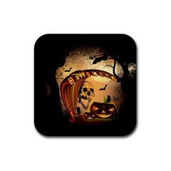 Halloween, Funny Pumpkin With Skull And Spider In The Night Rubber Square Coaster (4 Pack)  by FantasyWorld7