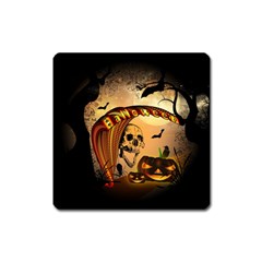 Halloween, Funny Pumpkin With Skull And Spider In The Night Square Magnet by FantasyWorld7