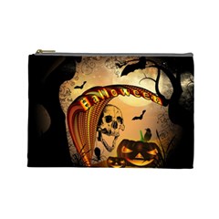 Halloween, Funny Pumpkin With Skull And Spider In The Night Cosmetic Bag (large)  by FantasyWorld7