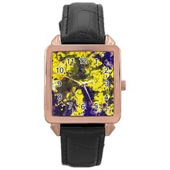 Yellow And Purple Splatter Paint Pattern Rose Gold Leather Watch 