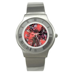 Pink And Black Abstract Splatter Paint Pattern Stainless Steel Watch by traceyleeartdesigns