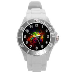 Bright Multi Coloured Fractal Pattern Round Plastic Sport Watch (l) by traceyleeartdesigns