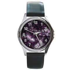 Black, Pink And Purple Splatter Pattern Round Metal Watch by traceyleeartdesigns