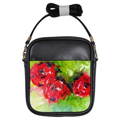 Floral  Red On Green Girls Sling Bags by artistpixi