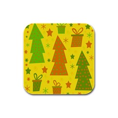 Christmas Design - Yellow Rubber Square Coaster (4 Pack)  by Valentinaart