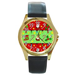 Christmas pattern - green and red Round Gold Metal Watch
