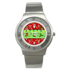 Christmas pattern - green and red Stainless Steel Watch