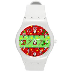 Christmas pattern - green and red Round Plastic Sport Watch (M)