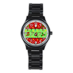 Christmas Pattern - Green And Red Stainless Steel Round Watch by Valentinaart