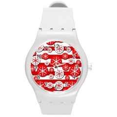 Snowflake Red And White Pattern Round Plastic Sport Watch (m)