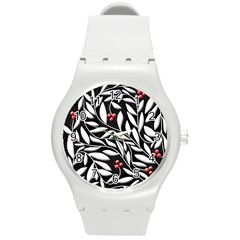 Black, Red, And White Floral Pattern Round Plastic Sport Watch (m)