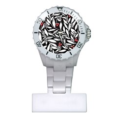 Black, Red, And White Floral Pattern Plastic Nurses Watch by Valentinaart