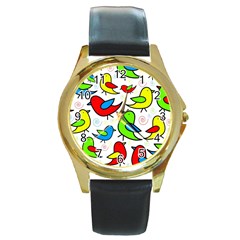 Colorful Cute Birds Pattern Round Gold Metal Watch by Valentinaart