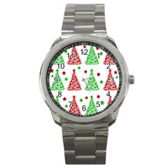 Decorative Christmas Trees Pattern - White Sport Metal Watch by Valentinaart