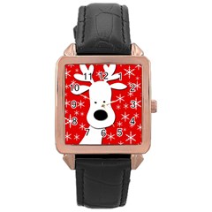 Christmas Reindeer - Red Rose Gold Leather Watch  by Valentinaart