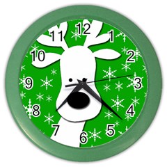 Christmas Reindeer - Green Color Wall Clocks