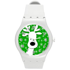 Christmas Reindeer - Green Round Plastic Sport Watch (m) by Valentinaart