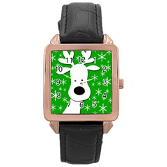 Christmas Reindeer - Green Rose Gold Leather Watch  by Valentinaart