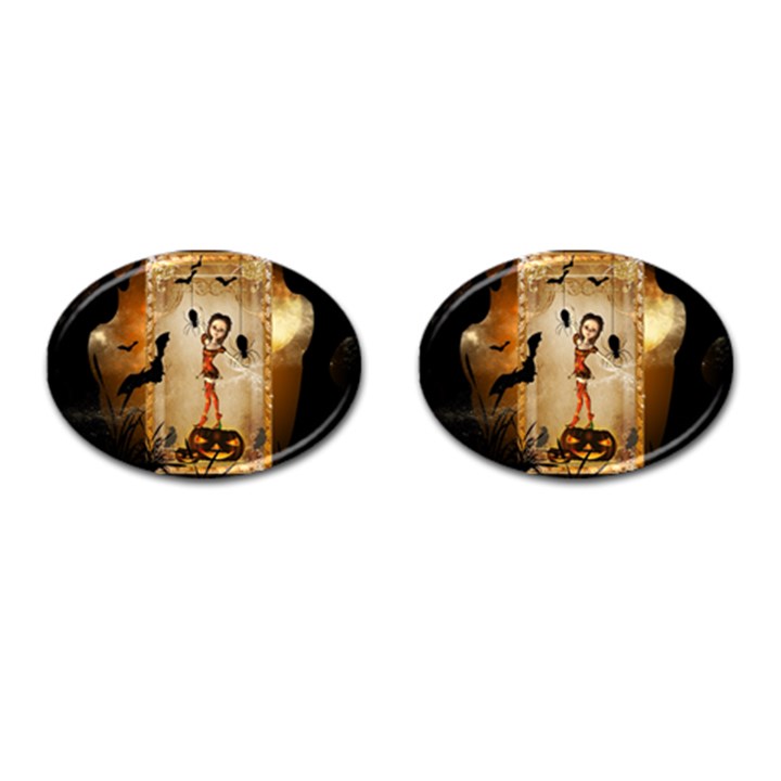 Halloween, Cute Girl With Pumpkin And Spiders Cufflinks (Oval)