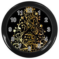 Decorative Starry Christmas Tree Black Gold Elegant Stylish Chic Golden Stars Wall Clocks (black) by yoursparklingshop