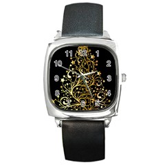 Decorative Starry Christmas Tree Black Gold Elegant Stylish Chic Golden Stars Square Metal Watch