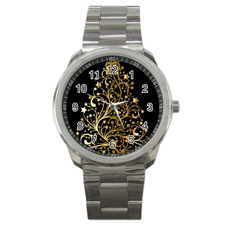 Decorative Starry Christmas Tree Black Gold Elegant Stylish Chic Golden Stars Sport Metal Watch