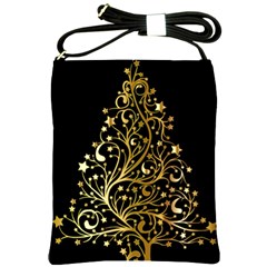 Decorative Starry Christmas Tree Black Gold Elegant Stylish Chic Golden Stars Shoulder Sling Bags by yoursparklingshop