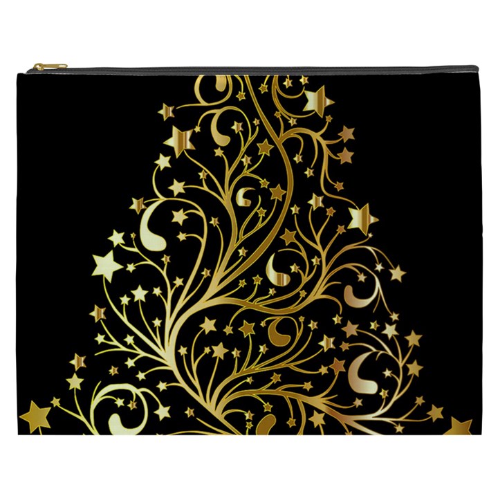 Decorative Starry Christmas Tree Black Gold Elegant Stylish Chic Golden Stars Cosmetic Bag (XXXL) 