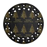 Merry Christmas Tree Typography Black And Gold Festive Ornament (Round Filigree)  Front