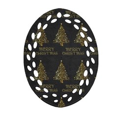 Merry Christmas Tree Typography Black And Gold Festive Ornament (oval Filigree)  by yoursparklingshop