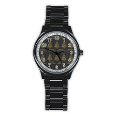 Merry Christmas Tree Typography Black And Gold Festive Stainless Steel Round Watch by yoursparklingshop