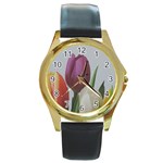 Tulips Round Gold Metal Watch Front