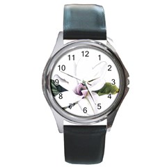 White Magnolia Pencil Drawing Art Round Metal Watch by picsaspassion