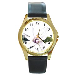 White Magnolia Pencil Drawing Art Round Gold Metal Watch by picsaspassion