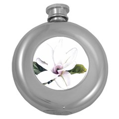 White Magnolia Pencil Drawing Art Round Hip Flask (5 Oz) by picsaspassion