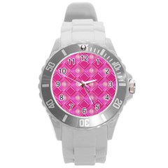 Pink Sweet Number 16 Diamonds Geometric Pattern Round Plastic Sport Watch (l) by yoursparklingshop