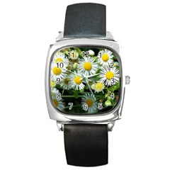 White Summer Flowers Oil Painting Art Square Metal Watch by picsaspassion