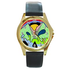 Colorful Landscape Round Gold Metal Watch by Valentinaart