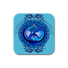 The Blue Dragpn On A Round Button With Floral Elements Rubber Square Coaster (4 Pack) 