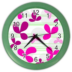 Magenta Floral Pattern Color Wall Clocks by Valentinaart