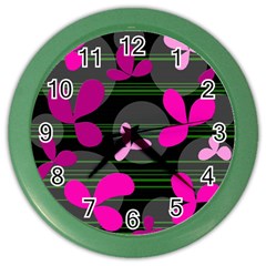 Magenta Floral Design Color Wall Clocks by Valentinaart