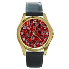 Red Abstract Decor Round Gold Metal Watch