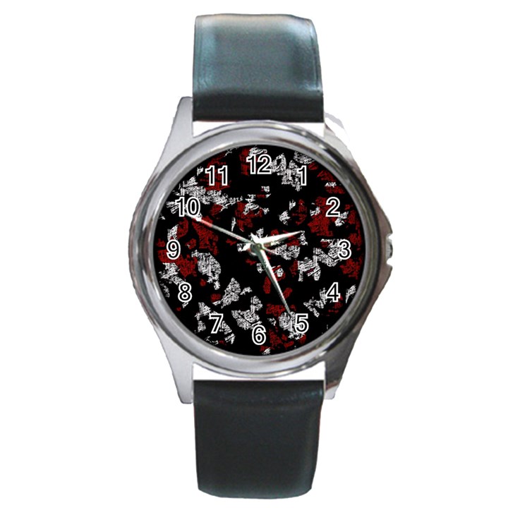 Red, white and black abstract art Round Metal Watch