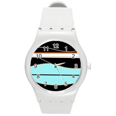 Cyan, Black And White Waves Round Plastic Sport Watch (m) by Valentinaart