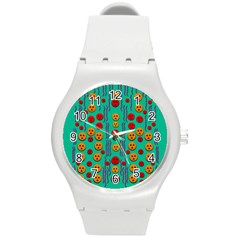 Pumkins Dancing In The Season Pop Art Round Plastic Sport Watch (m) by pepitasart