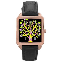 Simple Colorful Tree Rose Gold Leather Watch  by Valentinaart